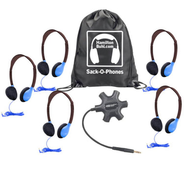 Galaxy Econo-Line Sack-O-Phones with 5 personal-sized headphones, starfish jackbox, and storage bag for bulk school headphones.